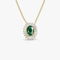 14k Oval Shape Emerald with Baguette Halo Setting Necklace