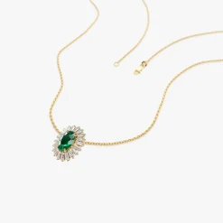 14k Oval Shape Emerald with Baguette Halo Setting Necklace