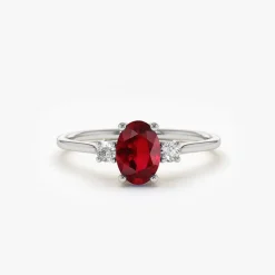 14k Oval Shape Ruby and Diamond 3 Stone Ring