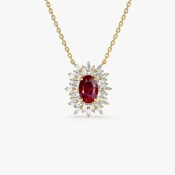 14k Oval Shape Ruby Necklace with Ballerina Baguettes