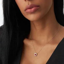 14k Oval Shape Ruby Necklace with Ballerina Baguettes