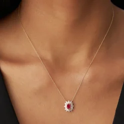 14k Oval Shape Ruby Necklace with Ballerina Baguettes