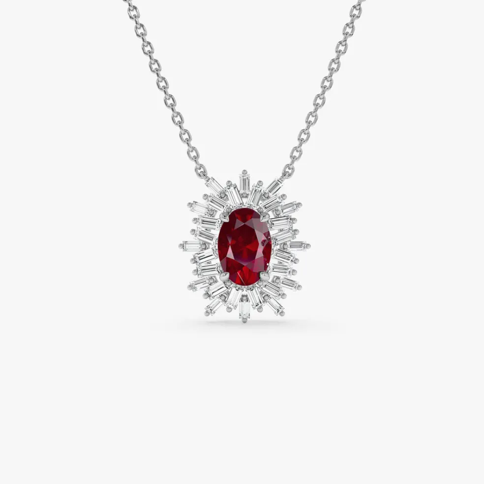 14k Oval Shape Ruby Necklace with Ballerina Baguettes