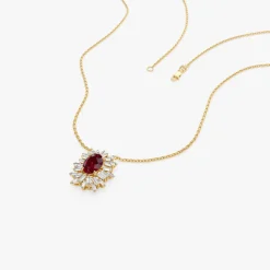 14k Oval Shape Ruby Necklace with Ballerina Baguettes