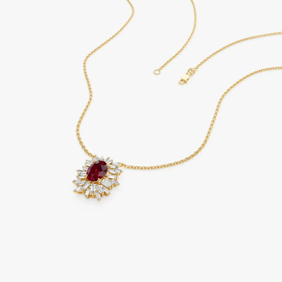 14k Oval Shape Ruby Necklace with Ballerina Baguettes