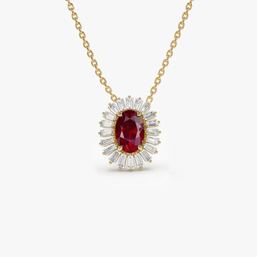14k Oval Shape Ruby with Baguette Halo Setting Necklace