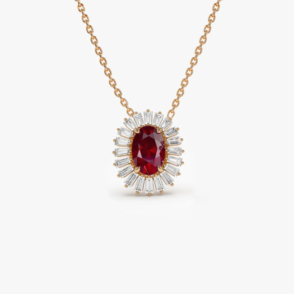 14k Oval Shape Ruby with Baguette Halo Setting Necklace