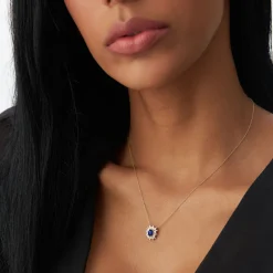 14k Oval Shape Sapphire Necklace with Ballerina Baguettes