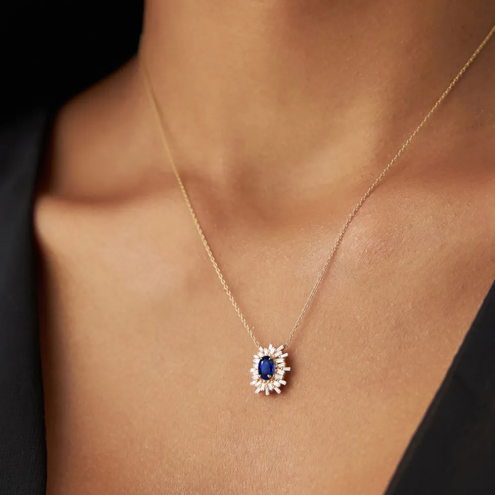14k Oval Shape Sapphire Necklace with Ballerina Baguettes