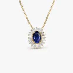 14k Oval Shape Sapphire with Baguette Halo Setting Necklace