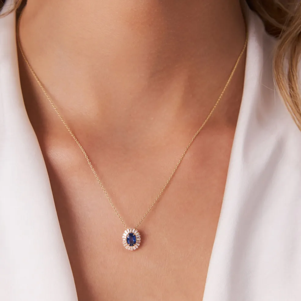 14k Oval Shape Sapphire with Baguette Halo Setting Necklace