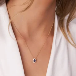 14k Oval Shape Sapphire with Baguette Halo Setting Necklace