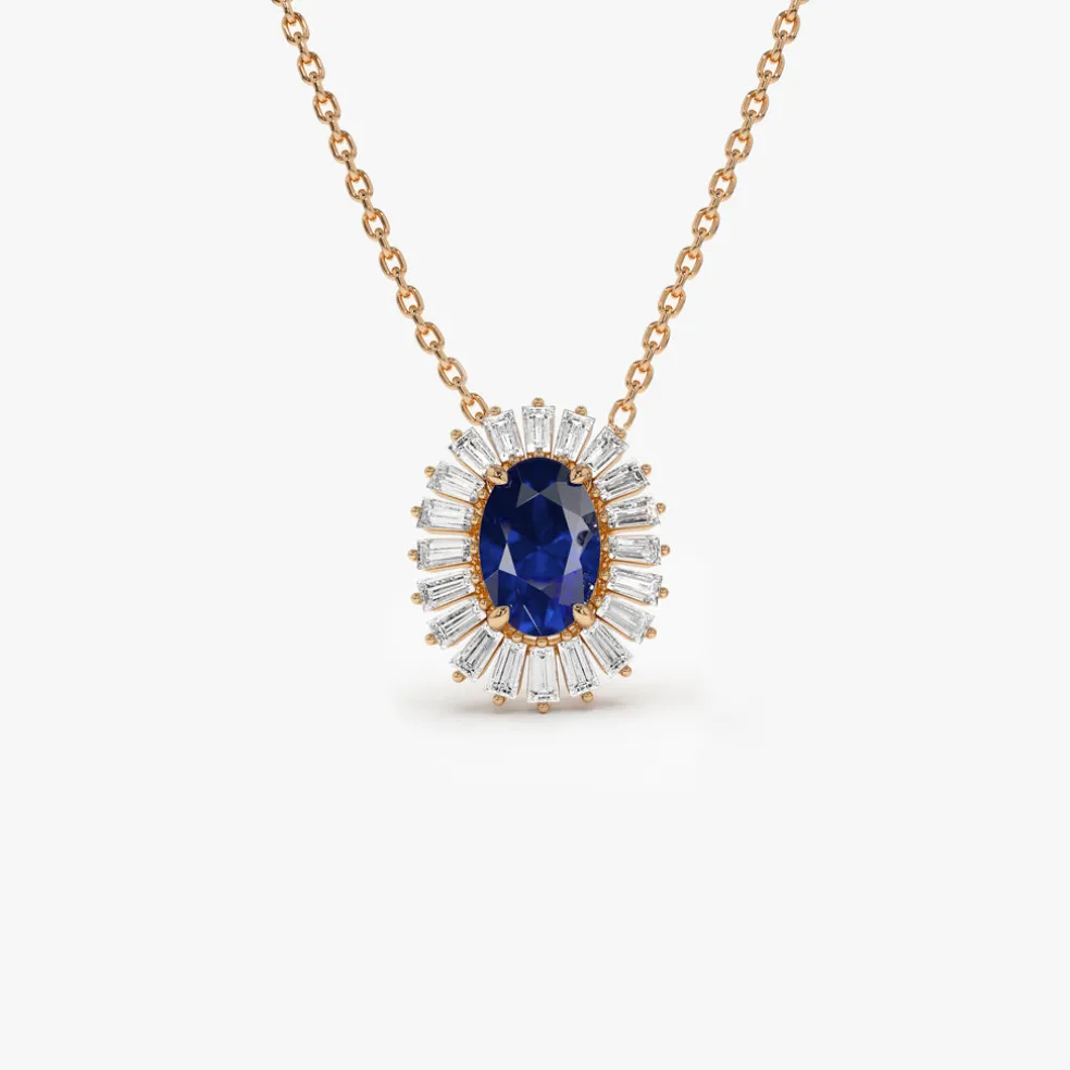 14k Oval Shape Sapphire with Baguette Halo Setting Necklace