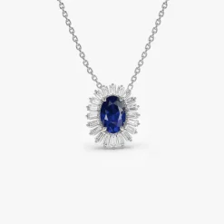 14k Oval Shape Sapphire with Baguette Halo Setting Necklace