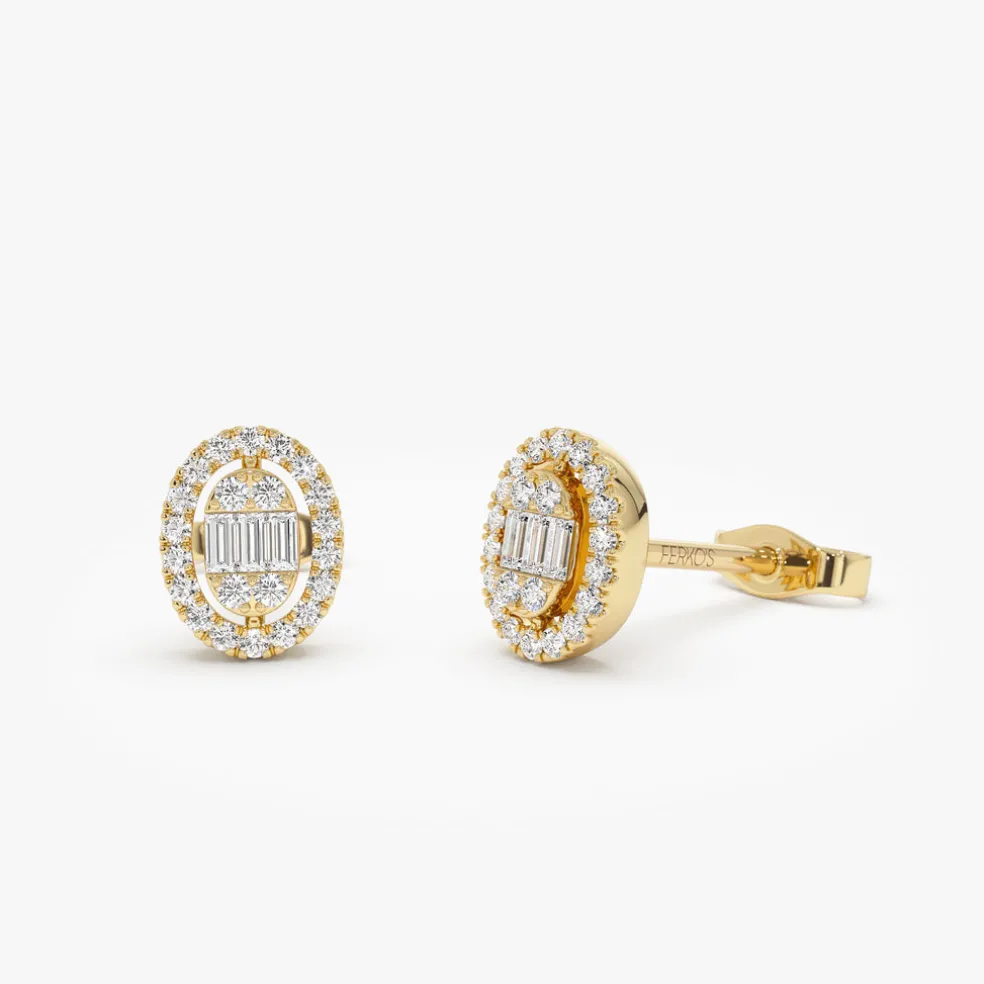 14k Oval Shaped Baguette & Round Diamond Mini Studs