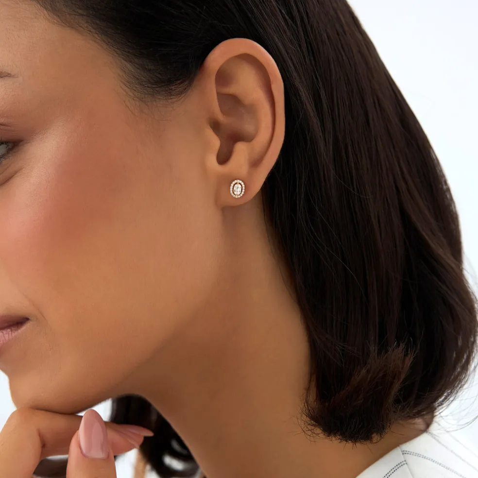 14k Oval Shaped Baguette & Round Diamond Mini Studs