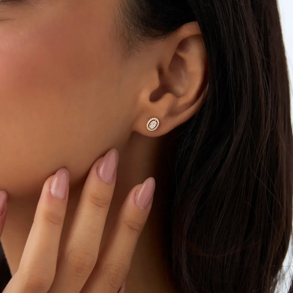 14k Oval Shaped Baguette & Round Diamond Mini Studs