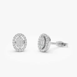 14k Oval Shaped Baguette & Round Diamond Mini Studs