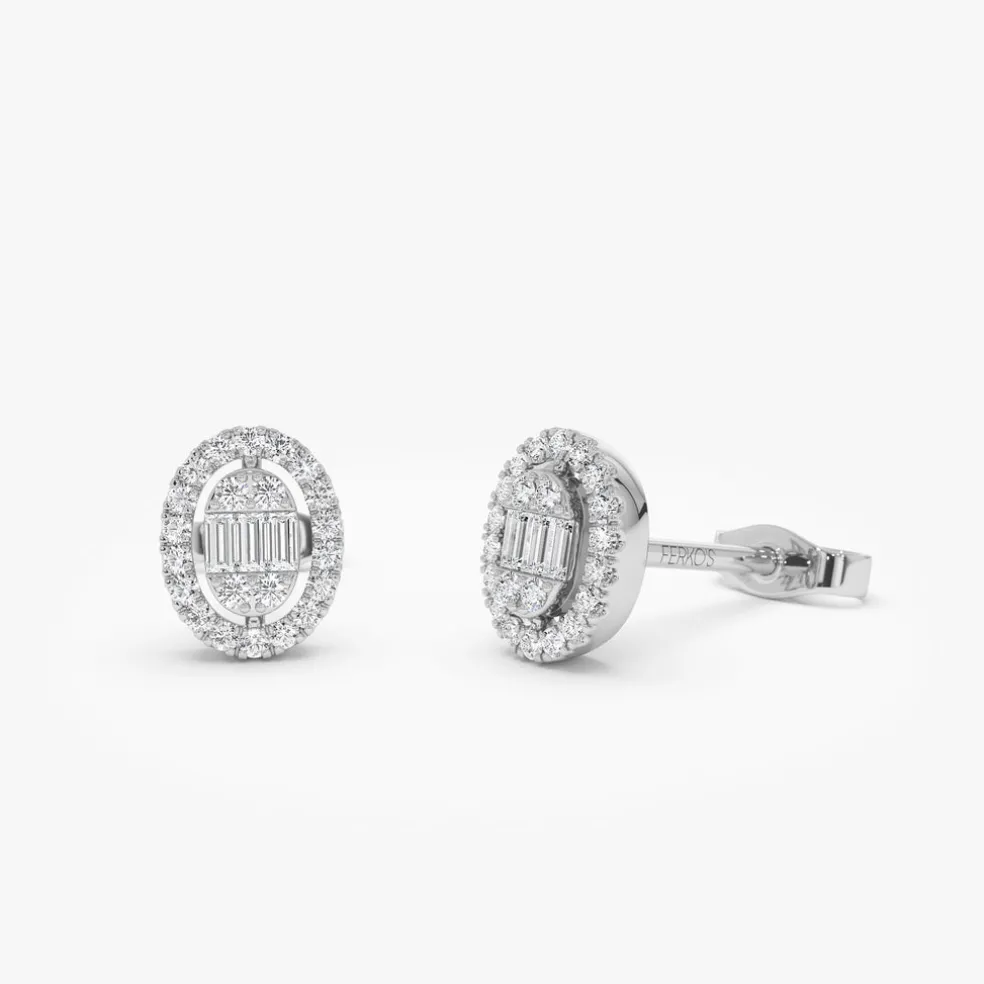 14k Oval Shaped Baguette & Round Diamond Mini Studs