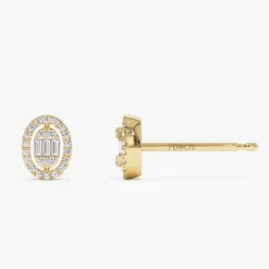 14k Oval Shaped Baguette & Round Diamond Mini Studs