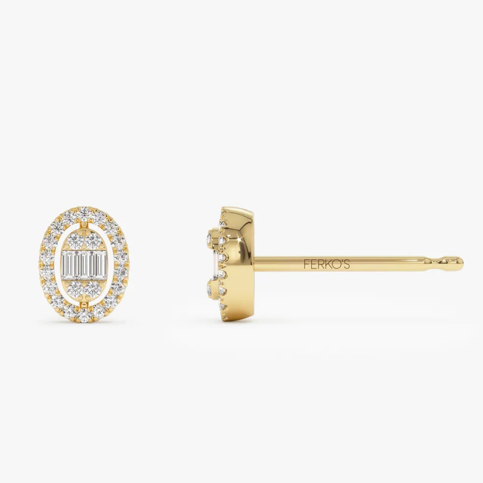 14k Oval Shaped Baguette & Round Diamond Mini Studs
