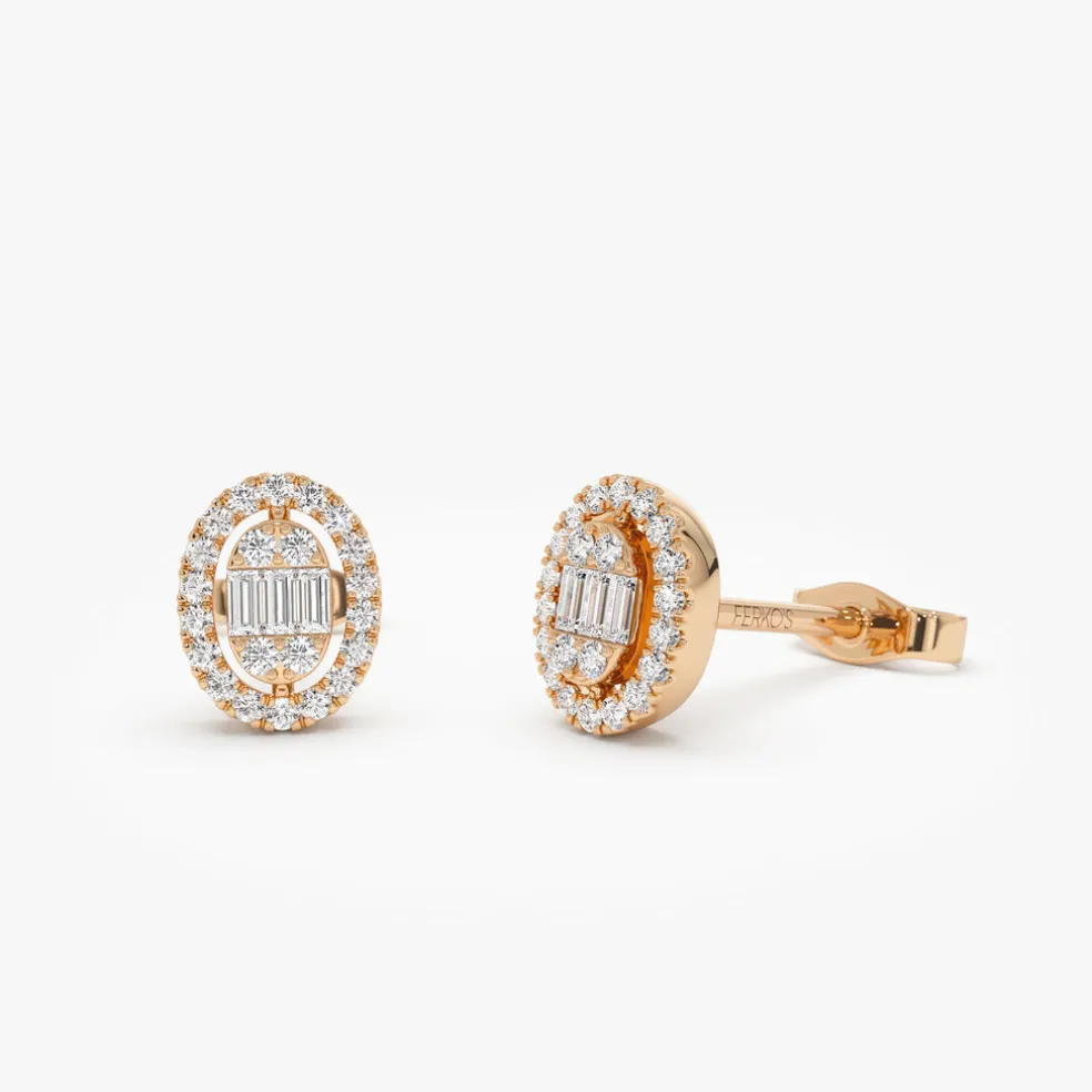 14k Oval Shaped Baguette & Round Diamond Mini Studs