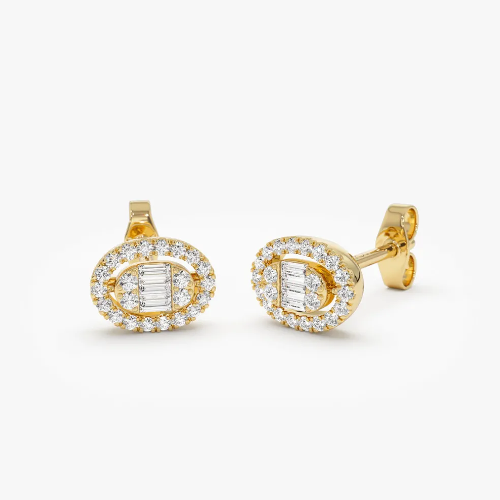 14k Oval Shaped Baguette & Round Diamond Mini Studs