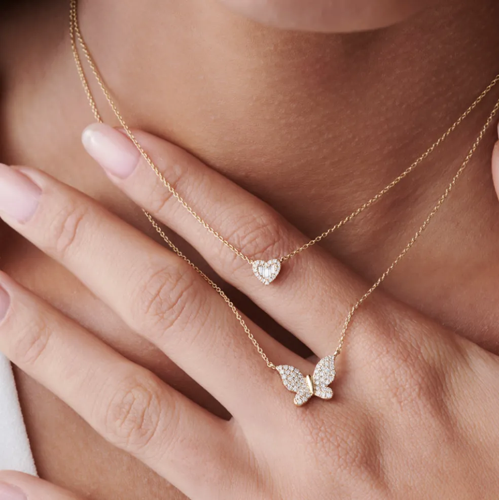 14k Pave Diamond Butterfly Pendant Necklace