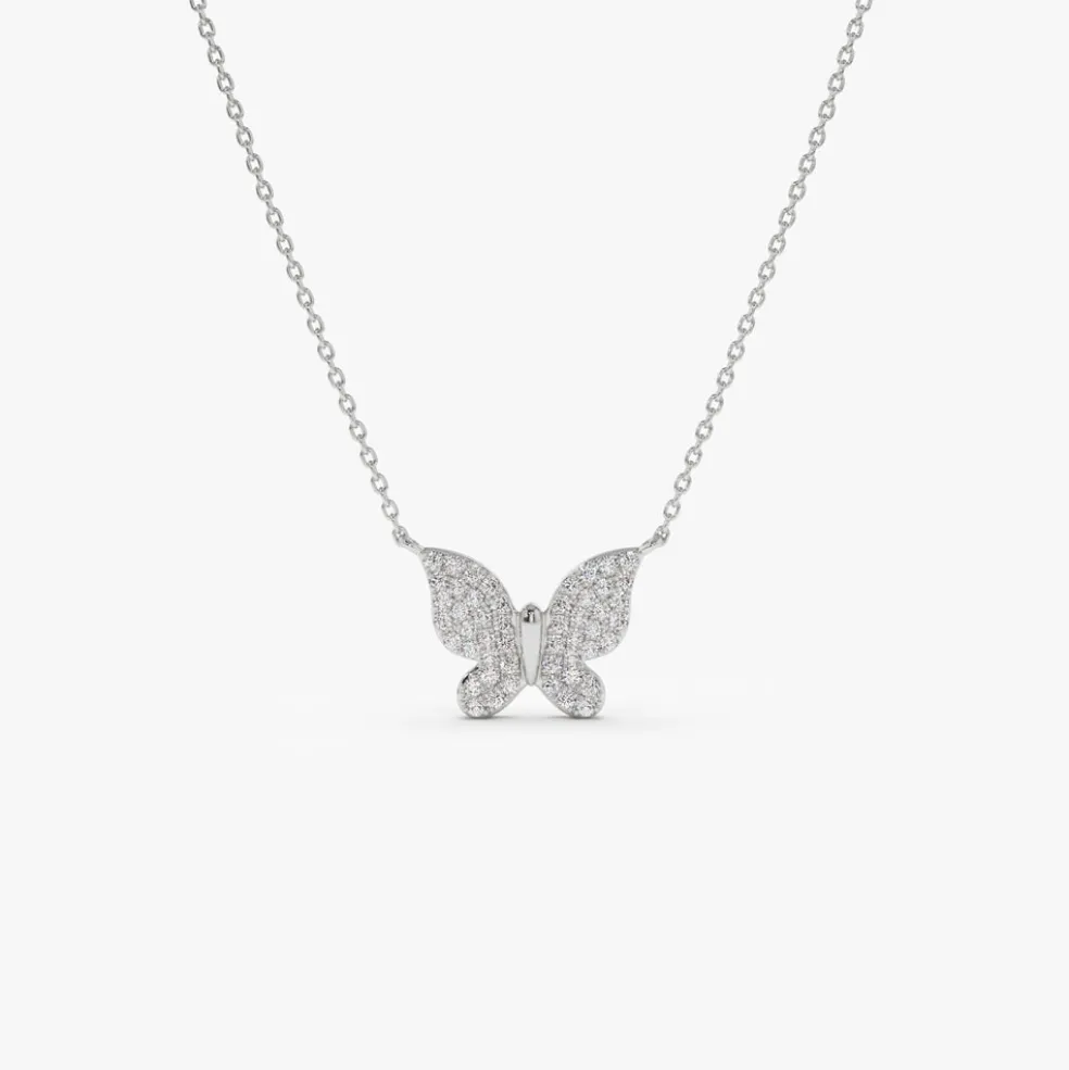 14k Pave Diamond Butterfly Pendant Necklace