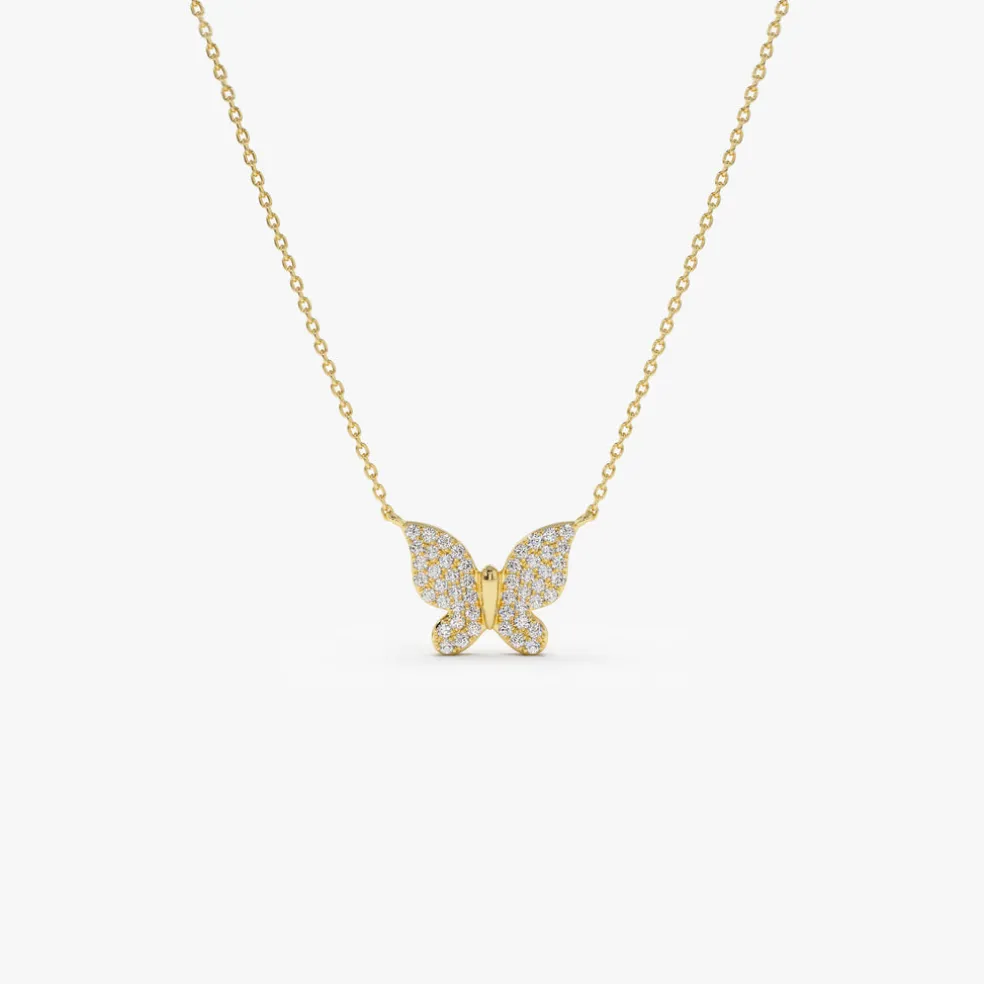 14k Pave Diamond Butterfly Pendant Necklace