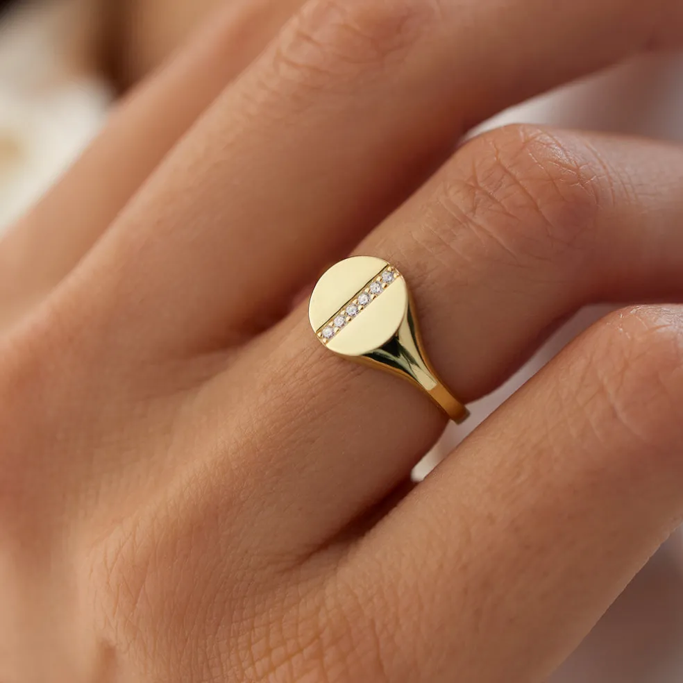 14k Pave Diamond Line Signet Pinky Ring