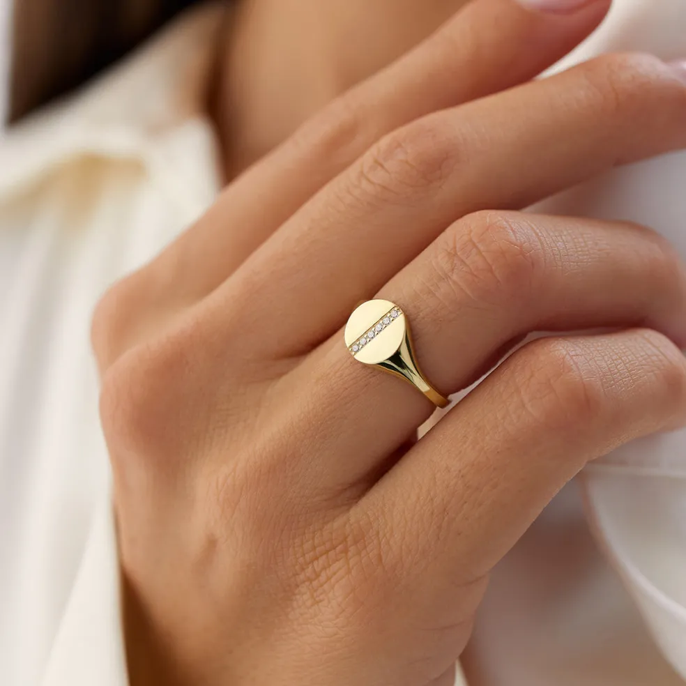 14k Pave Diamond Line Signet Pinky Ring