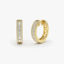 14K Pave Diamonds and Baguette Hoop Earrings