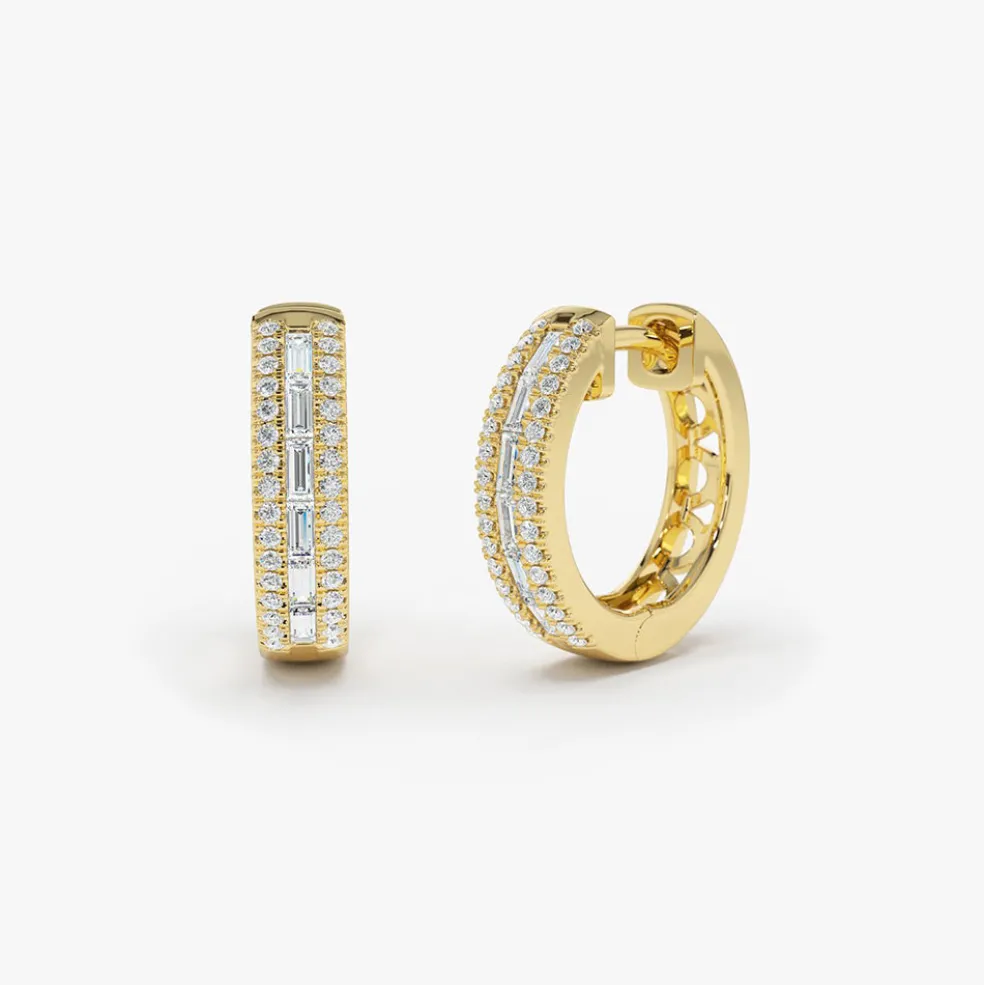 14K Pave Diamonds and Baguette Hoop Earrings