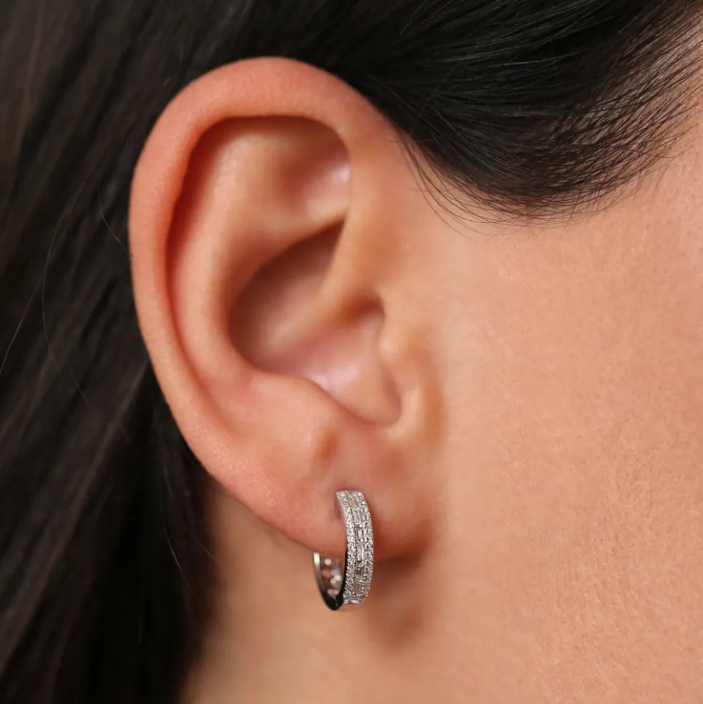 14K Pave Diamonds and Baguette Hoop Earrings