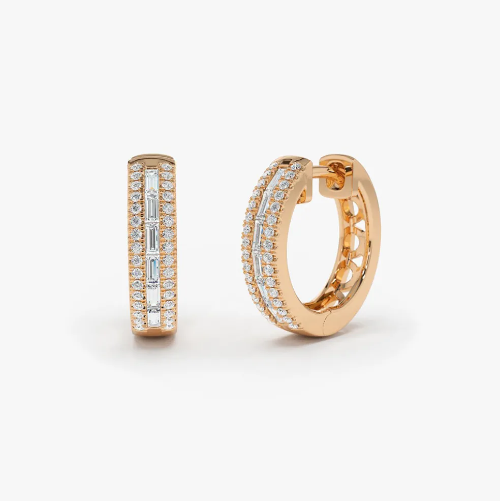 14K Pave Diamonds and Baguette Hoop Earrings