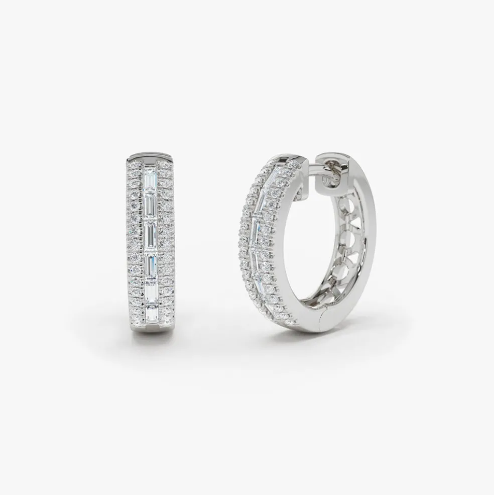14K Pave Diamonds and Baguette Hoop Earrings