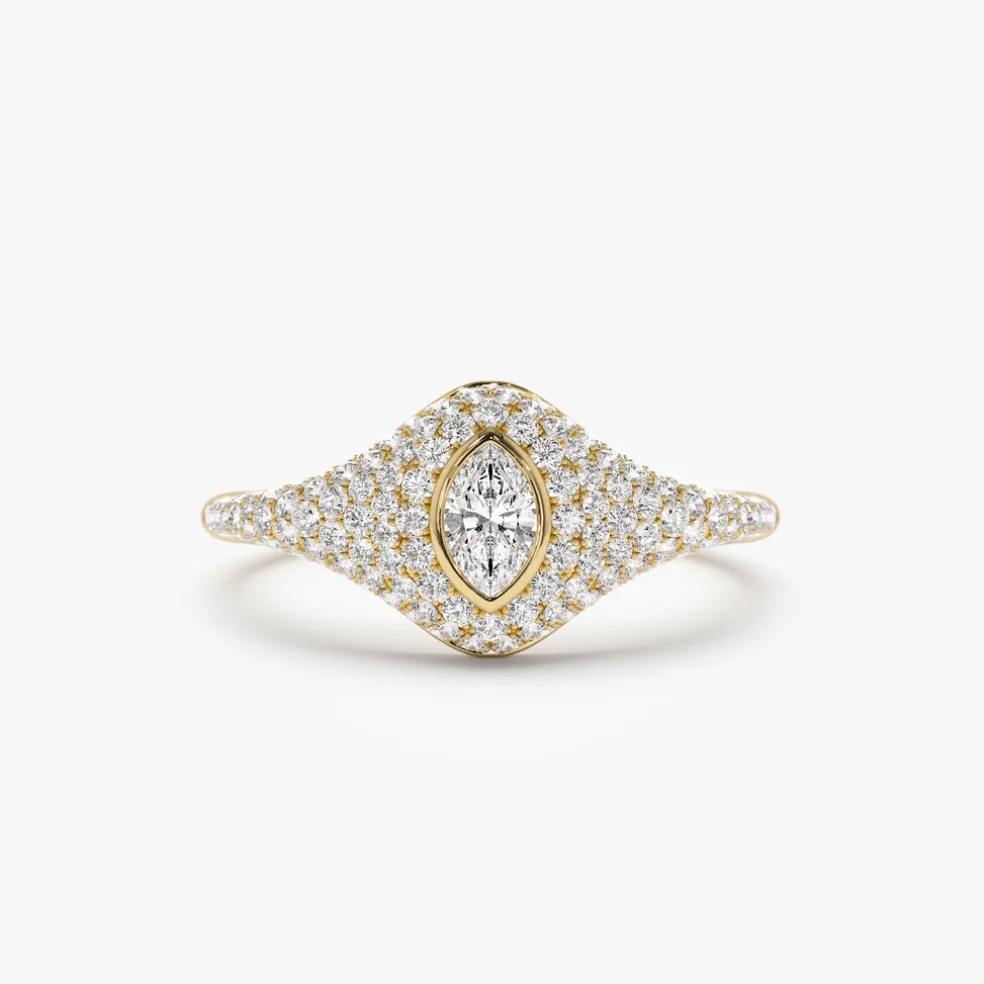 14K Pave Setting Marquise Shaped Diamond Signet Ring