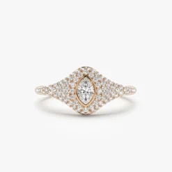 14K Pave Setting Marquise Shaped Diamond Signet Ring