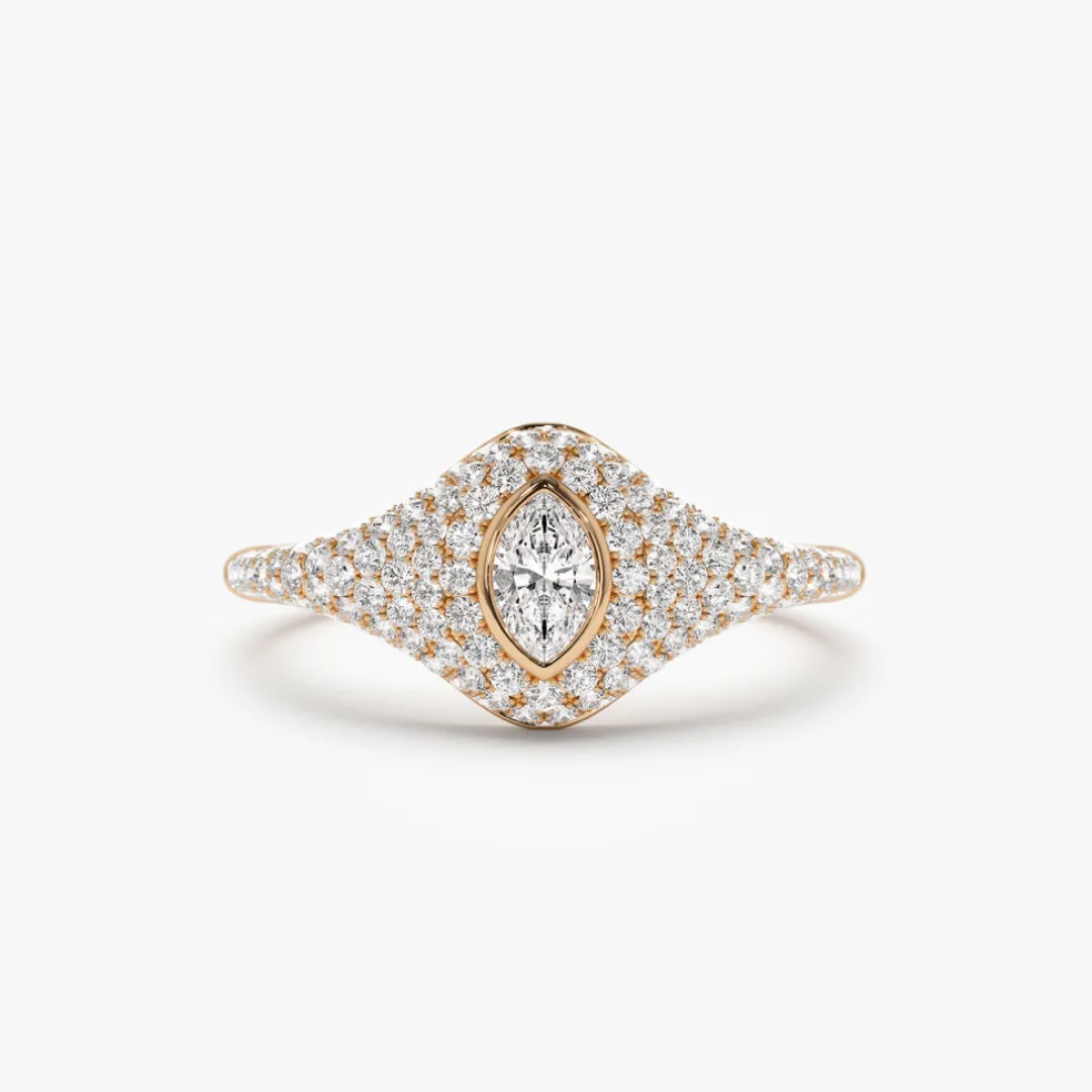 14K Pave Setting Marquise Shaped Diamond Signet Ring