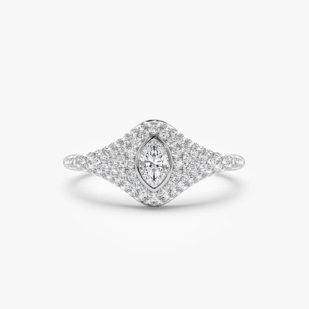 14K Pave Setting Marquise Shaped Diamond Signet Ring