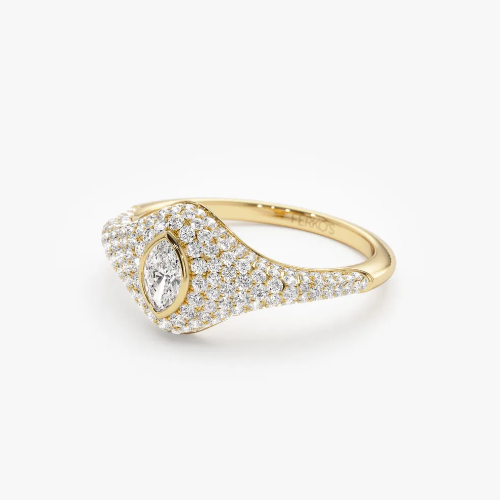 14K Pave Setting Marquise Shaped Diamond Signet Ring