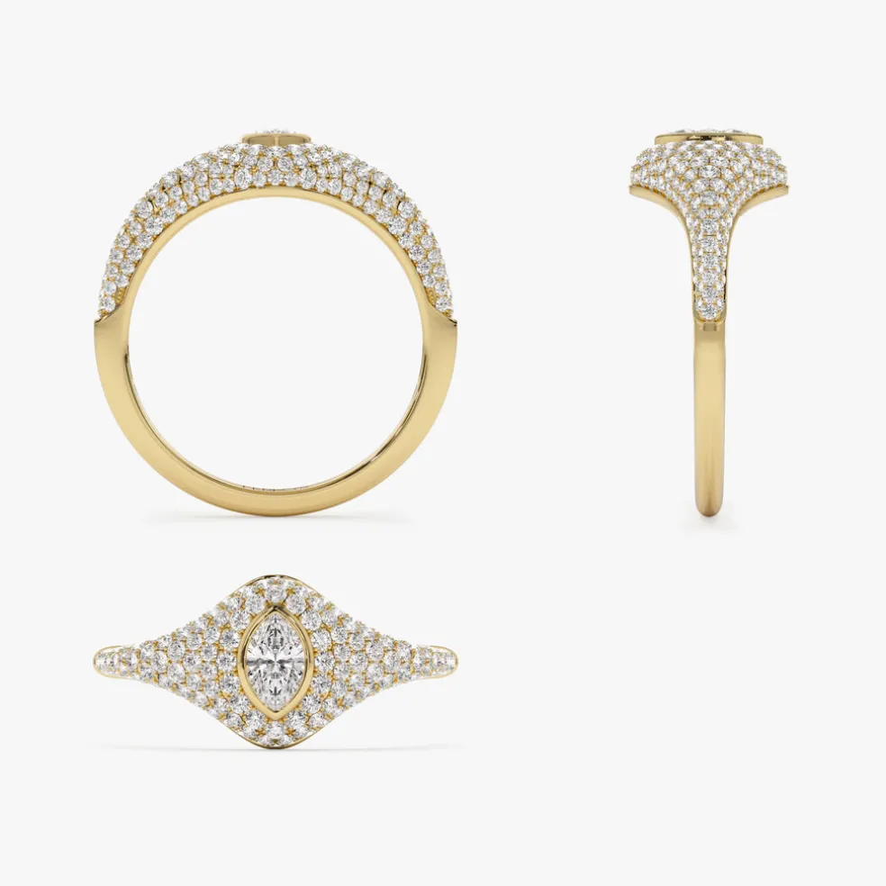 14K Pave Setting Marquise Shaped Diamond Signet Ring