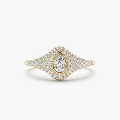 14K Pave Setting Pear Shaped Diamond Signet Ring