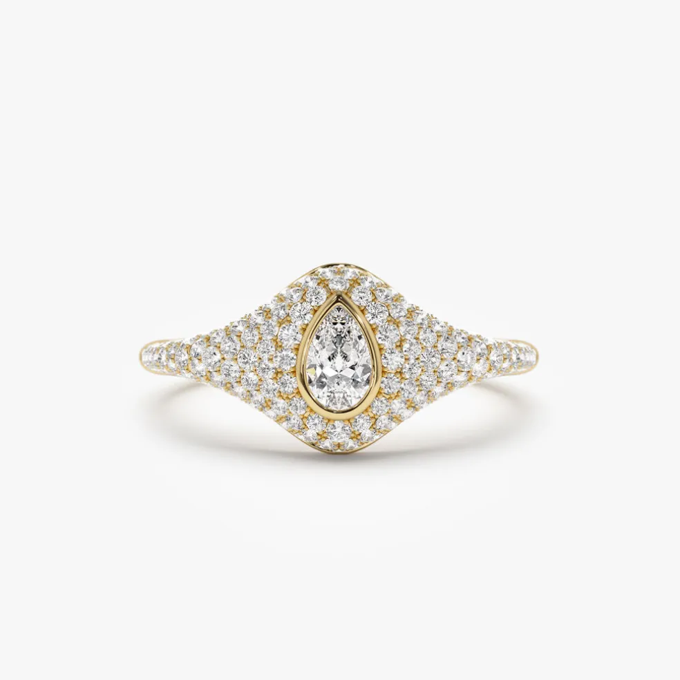 14K Pave Setting Pear Shaped Diamond Signet Ring