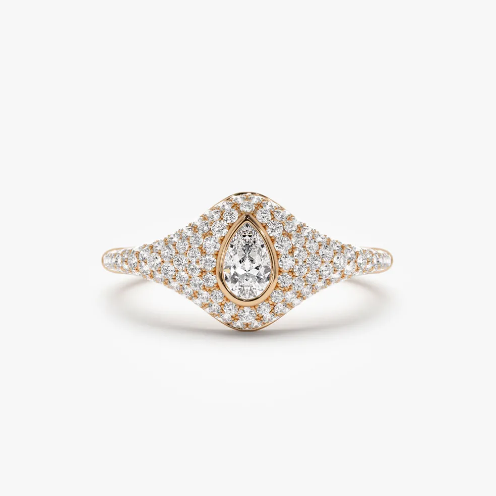 14K Pave Setting Pear Shaped Diamond Signet Ring