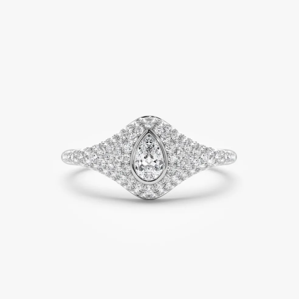 14K Pave Setting Pear Shaped Diamond Signet Ring