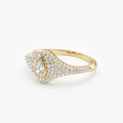14K Pave Setting Pear Shaped Diamond Signet Ring