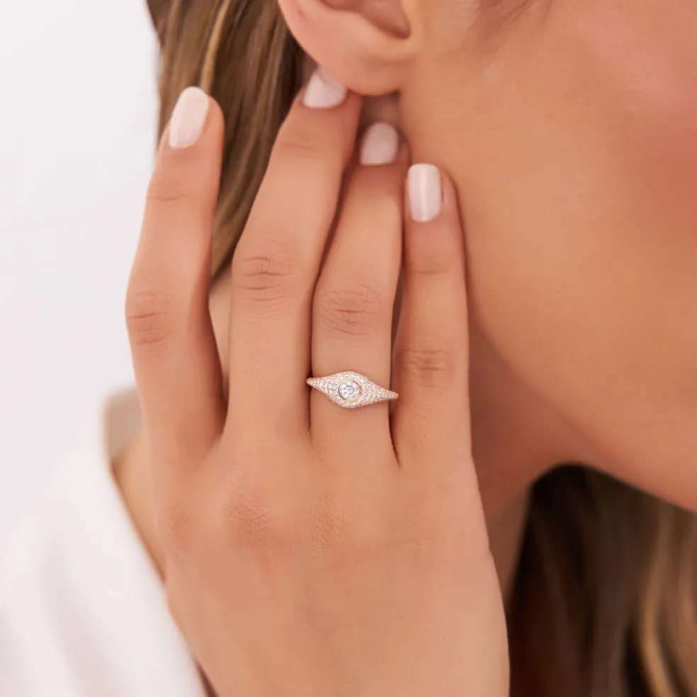 14K Pave Setting Round Diamond Signet Ring