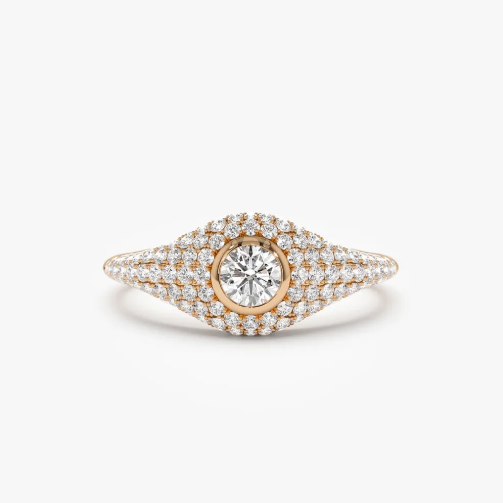 14K Pave Setting Round Diamond Signet Ring